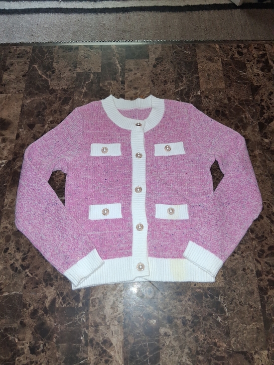 Sweaters - Pink Knit Cardigan with White Trim